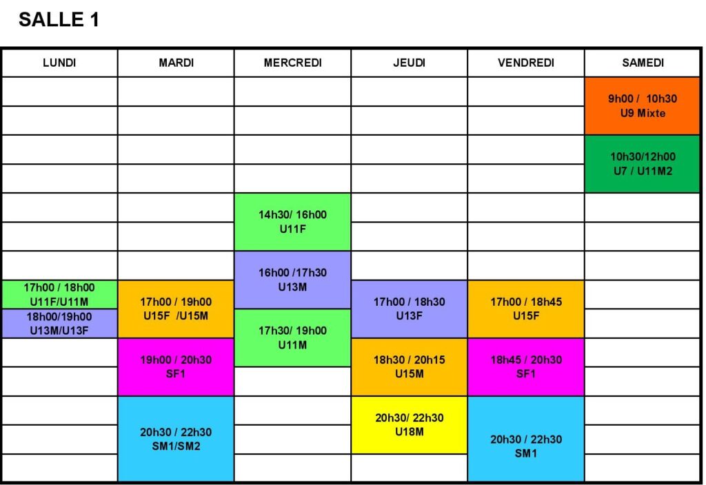Planning entrainements salle 1 2025-2026