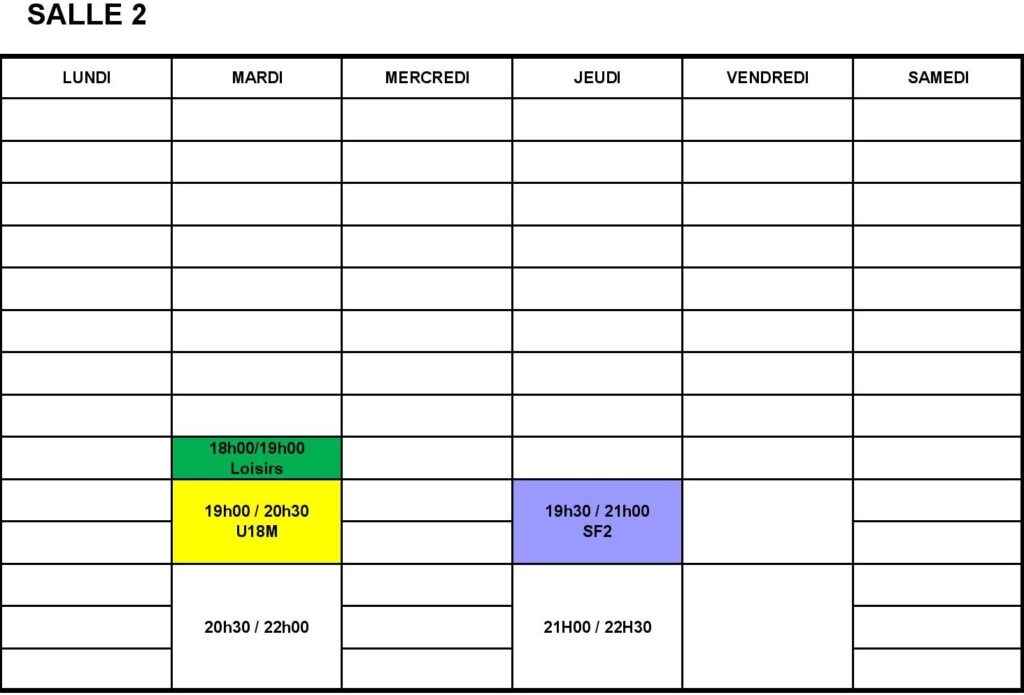 Planning entrainements salle 2 2025-2026
